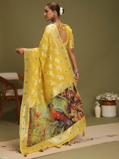 Yellow Banarasi Organza Woven Saree