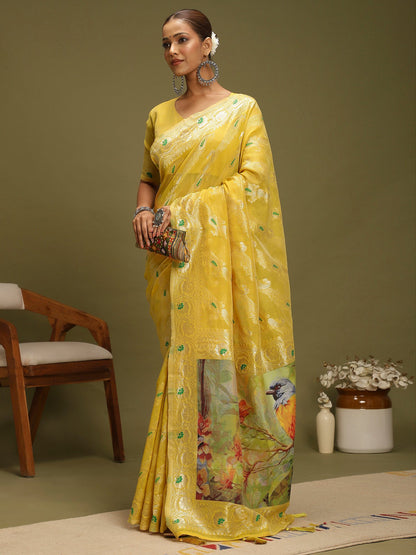 Yellow Banarasi Organza Woven Saree