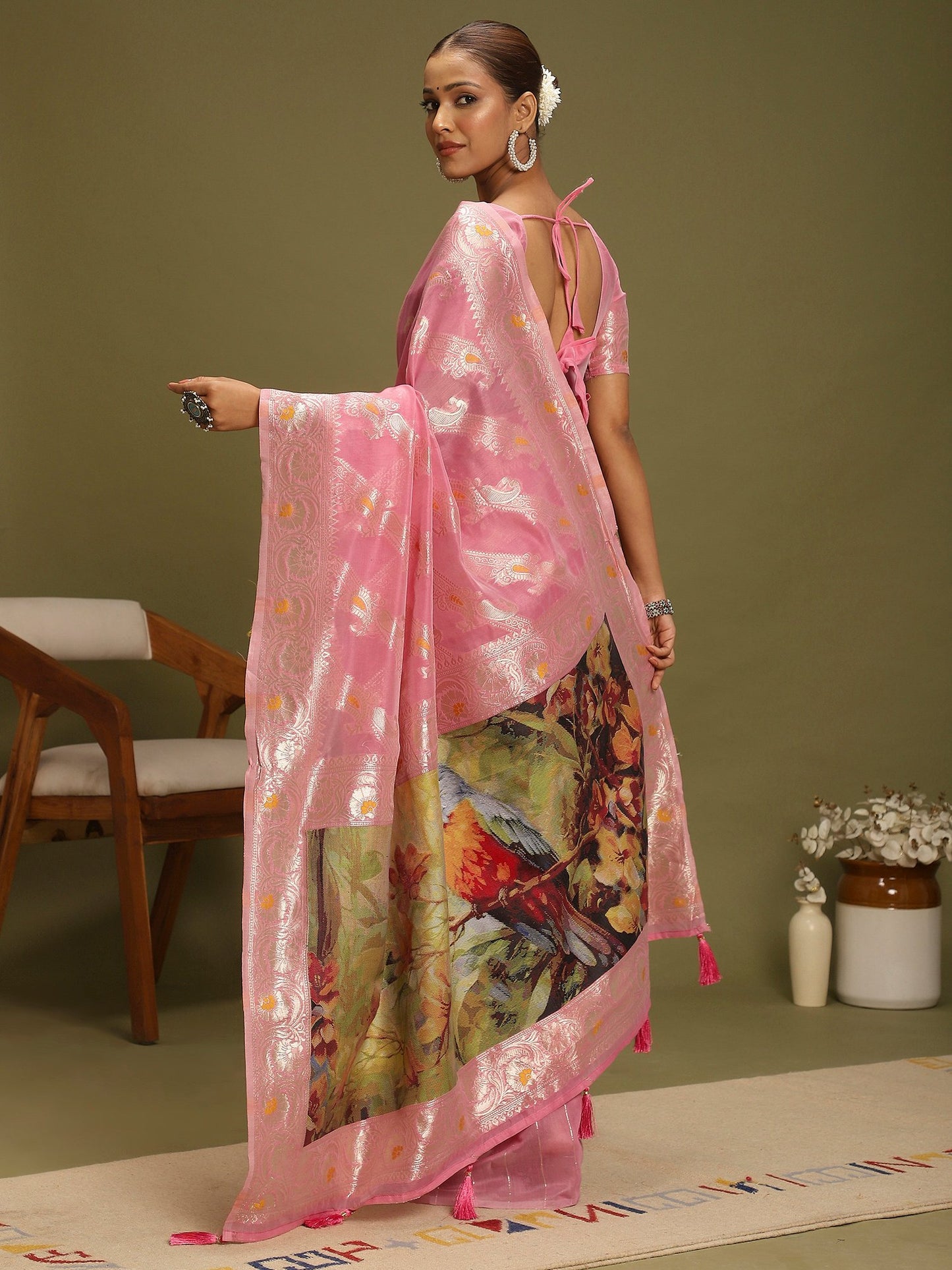 Pink Banarasi Organza Woven Saree