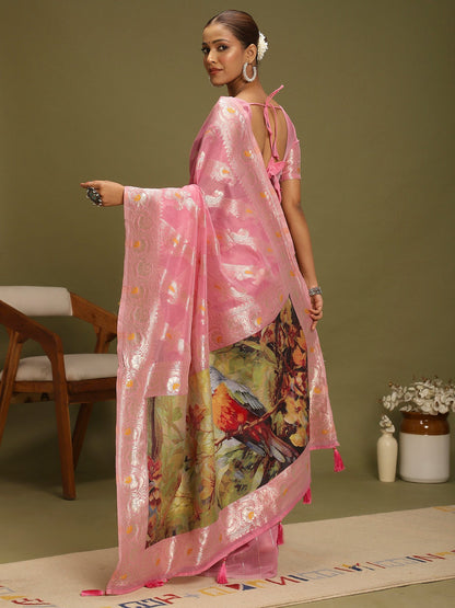 Pink Banarasi Organza Woven Saree