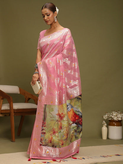 Pink Banarasi Organza Woven Saree