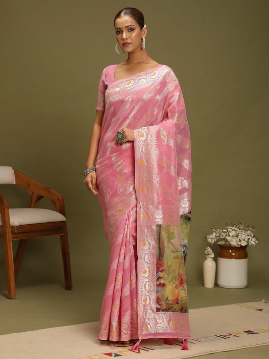 Pink Pink Banarasi Organza Woven Saree