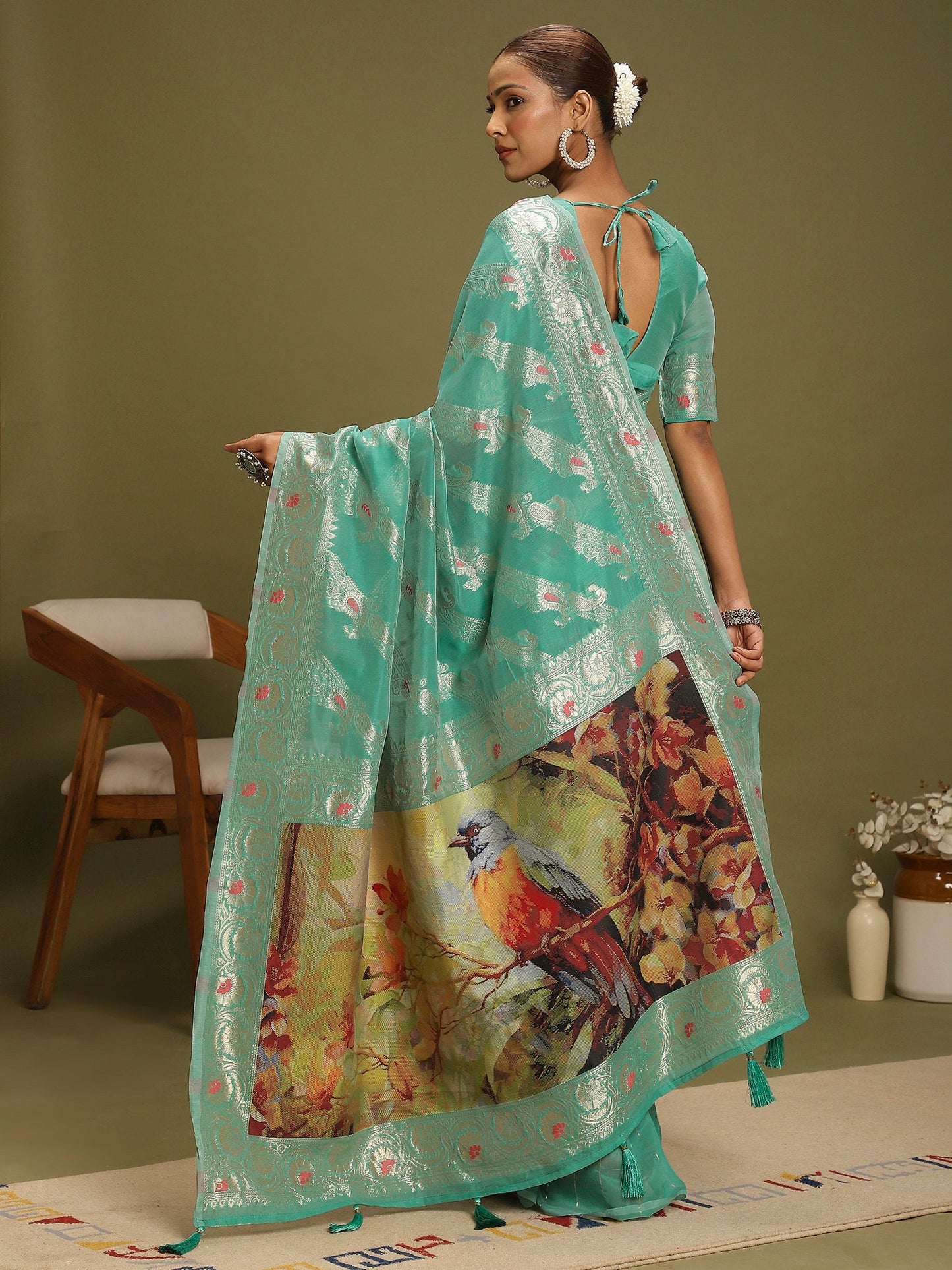 Turquoise Banarasi Organza Woven Saree