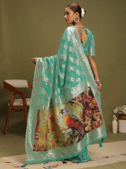 Turquoise Banarasi Organza Woven Saree