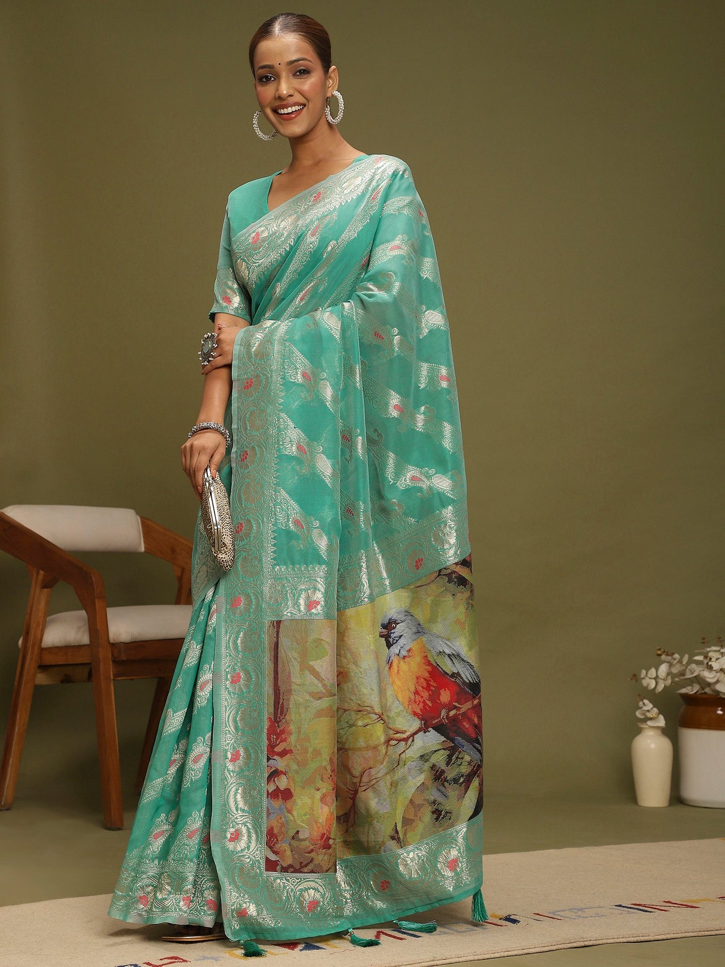 Turquoise Banarasi Organza Woven Saree