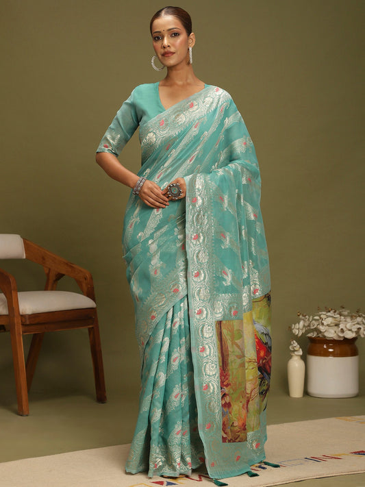 Blue Turquoise Banarasi Organza Woven Saree