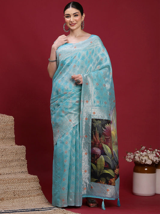 Blue Light Banarasi Organza Woven Saree