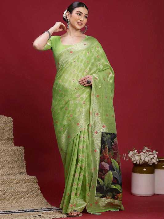 Green Light Banarasi Organza Woven Saree