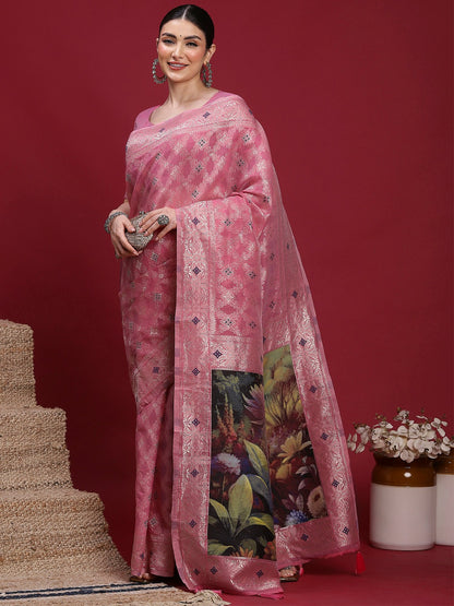 Pink Banarasi Organza Woven Saree