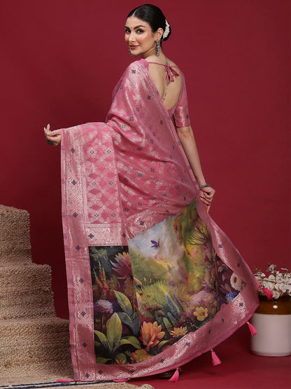Pink Banarasi Organza Woven Saree