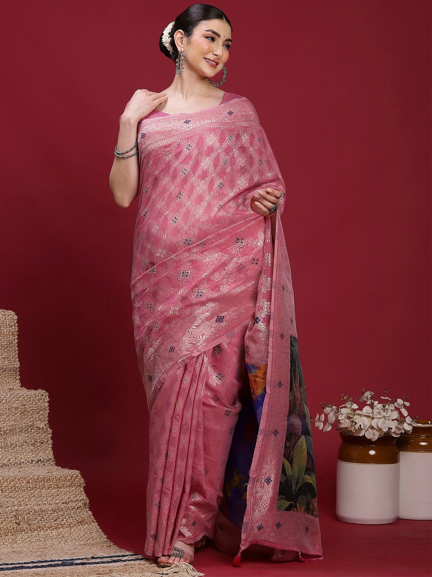 Pink Pink Banarasi Organza Woven Saree