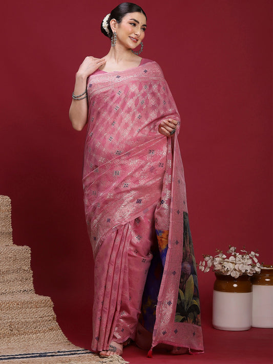 Pink Pink Banarasi Organza Woven Saree