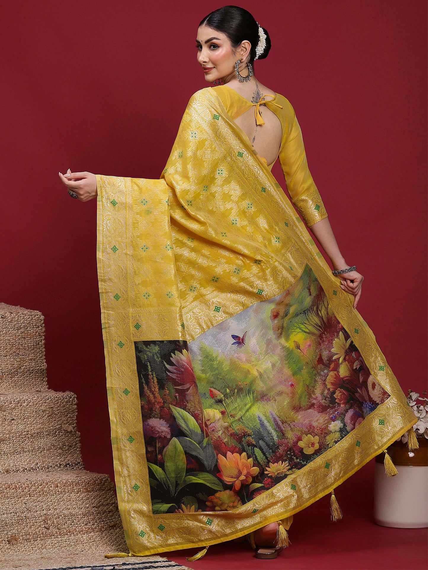 Yellow Banarasi Organza Woven Saree