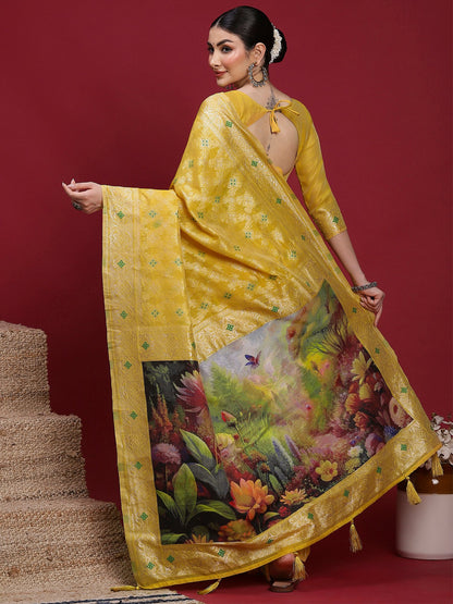 Yellow Banarasi Organza Woven Saree