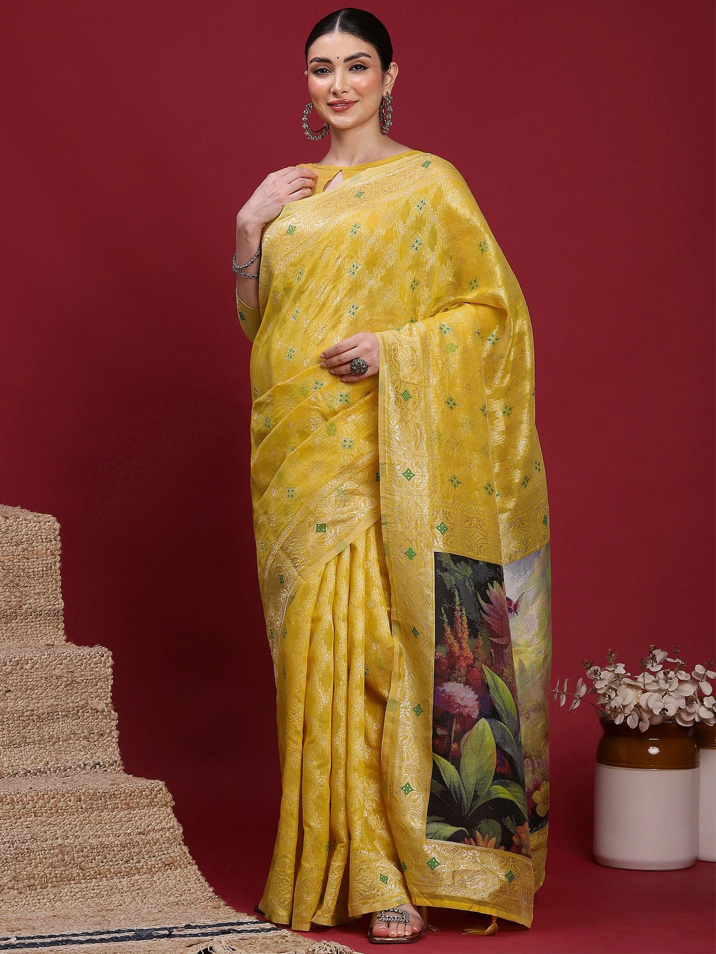 Yellow Banarasi Organza Woven Saree