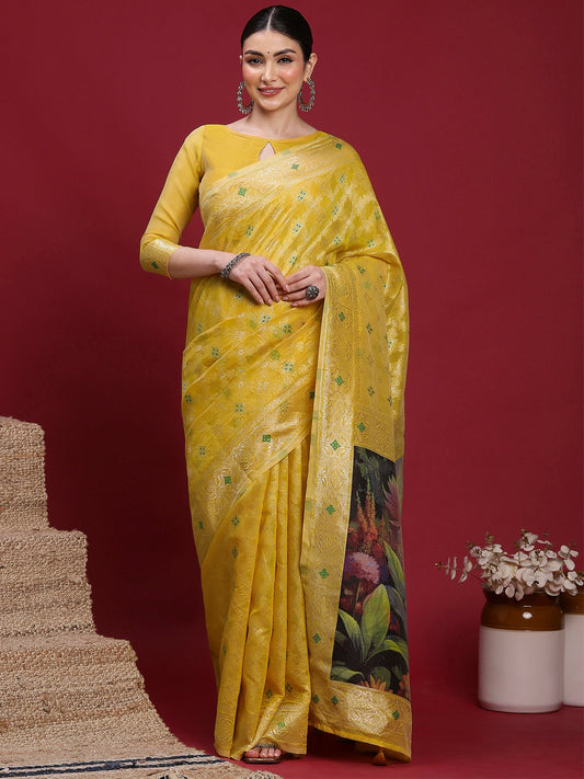 Yellow Yellow Banarasi Organza Woven Saree