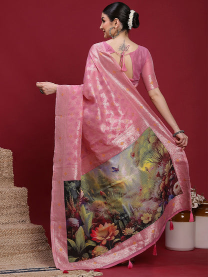Pink Banarasi Organza Woven Saree