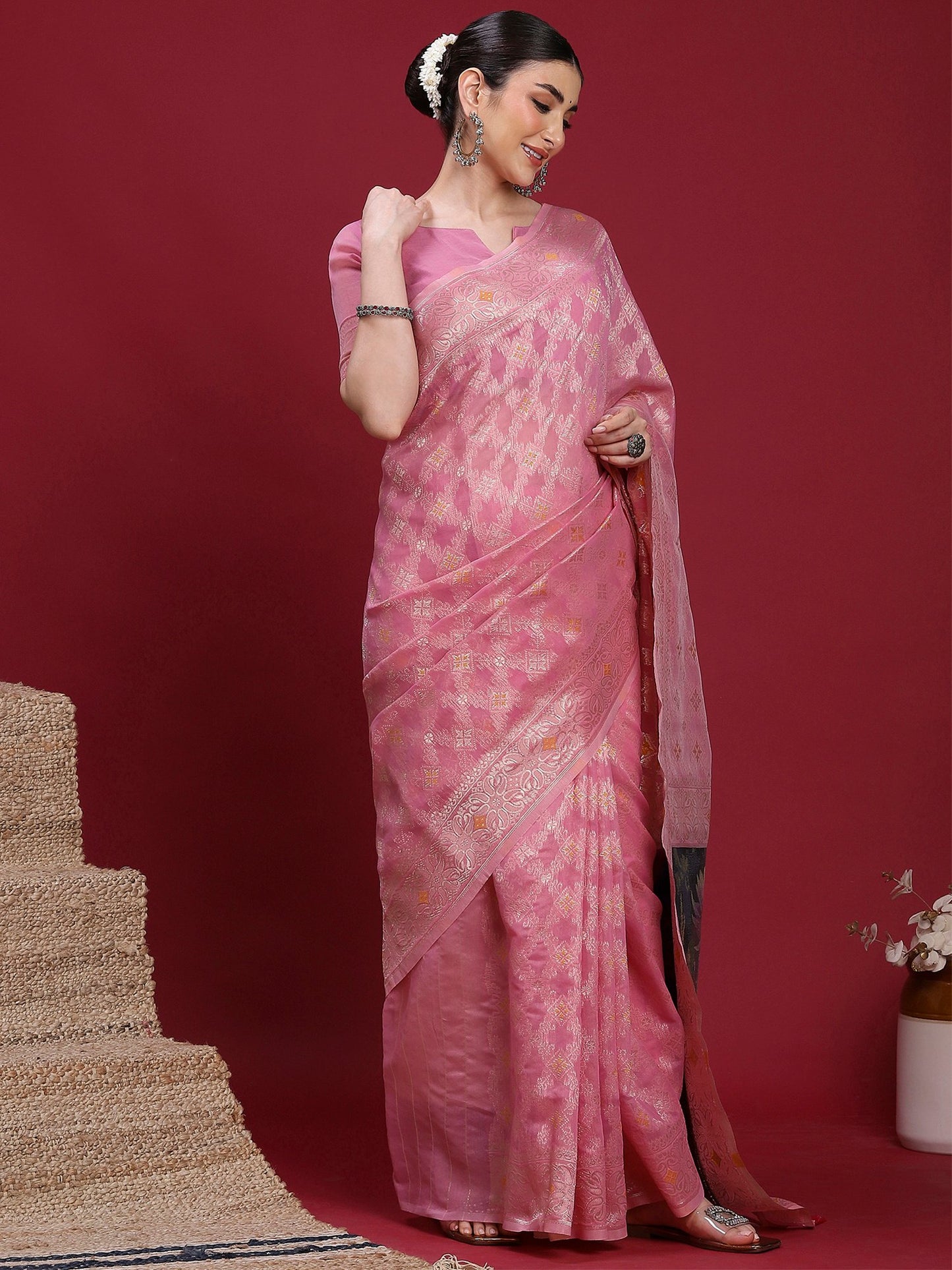 Pink Banarasi Organza Woven Saree