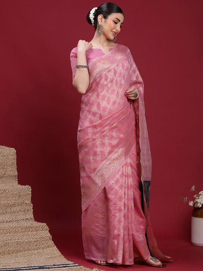 Pink Banarasi Organza Woven Saree
