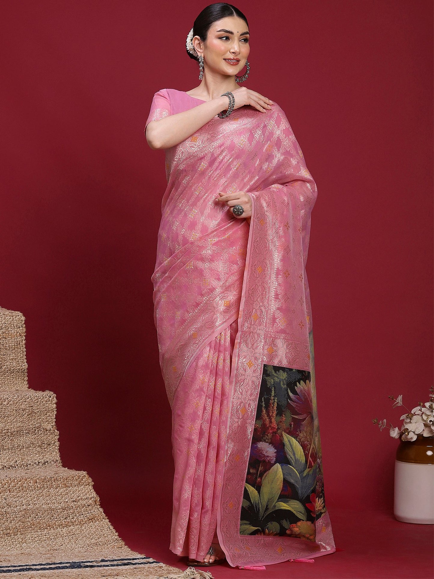 Pink Pink Banarasi Organza Woven Saree