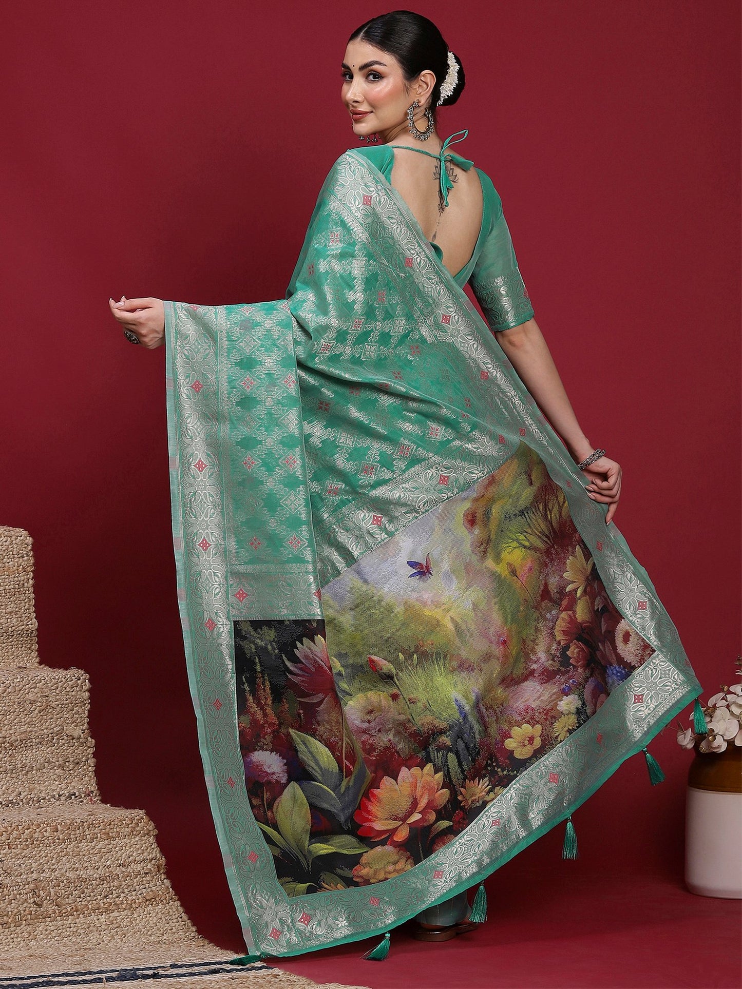 Teal Banarasi Organza Woven Saree
