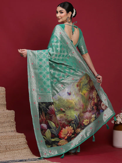 Teal Banarasi Organza Woven Saree