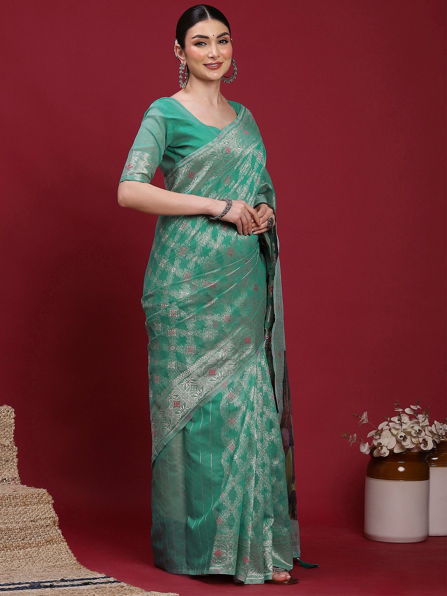 Teal Banarasi Organza Woven Saree