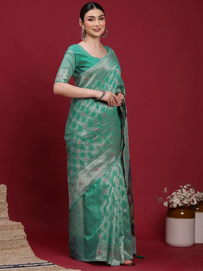 Teal Banarasi Organza Woven Saree