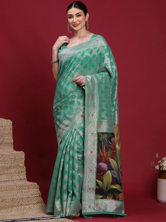 Green Teal Banarasi Organza Woven Saree