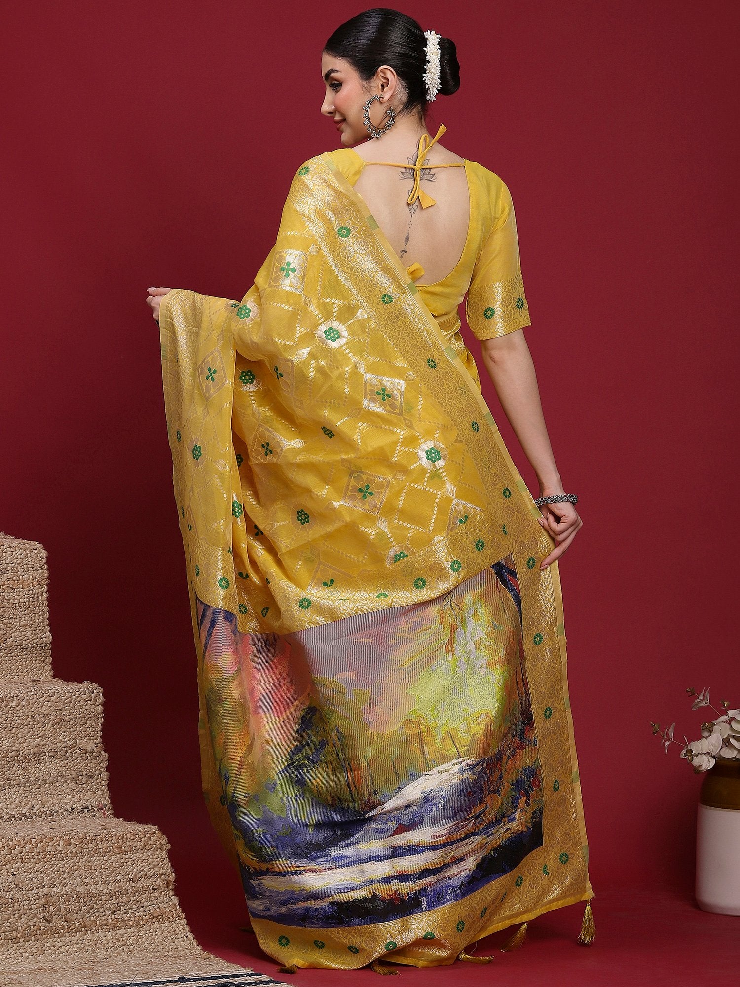 Yellow Banarasi Organza Woven Saree