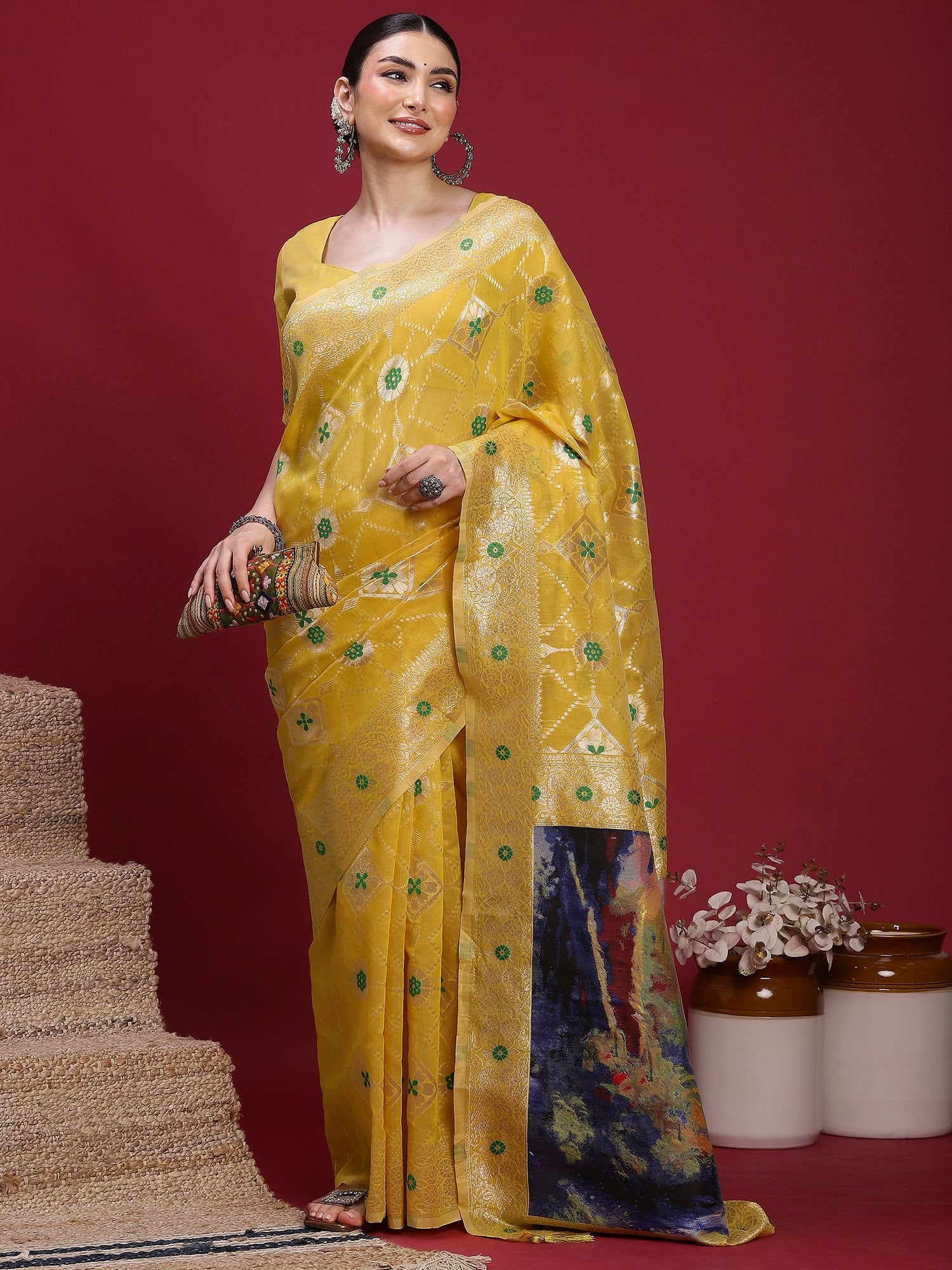 Yellow Banarasi Organza Woven Saree