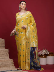 Yellow Banarasi Organza Woven Saree