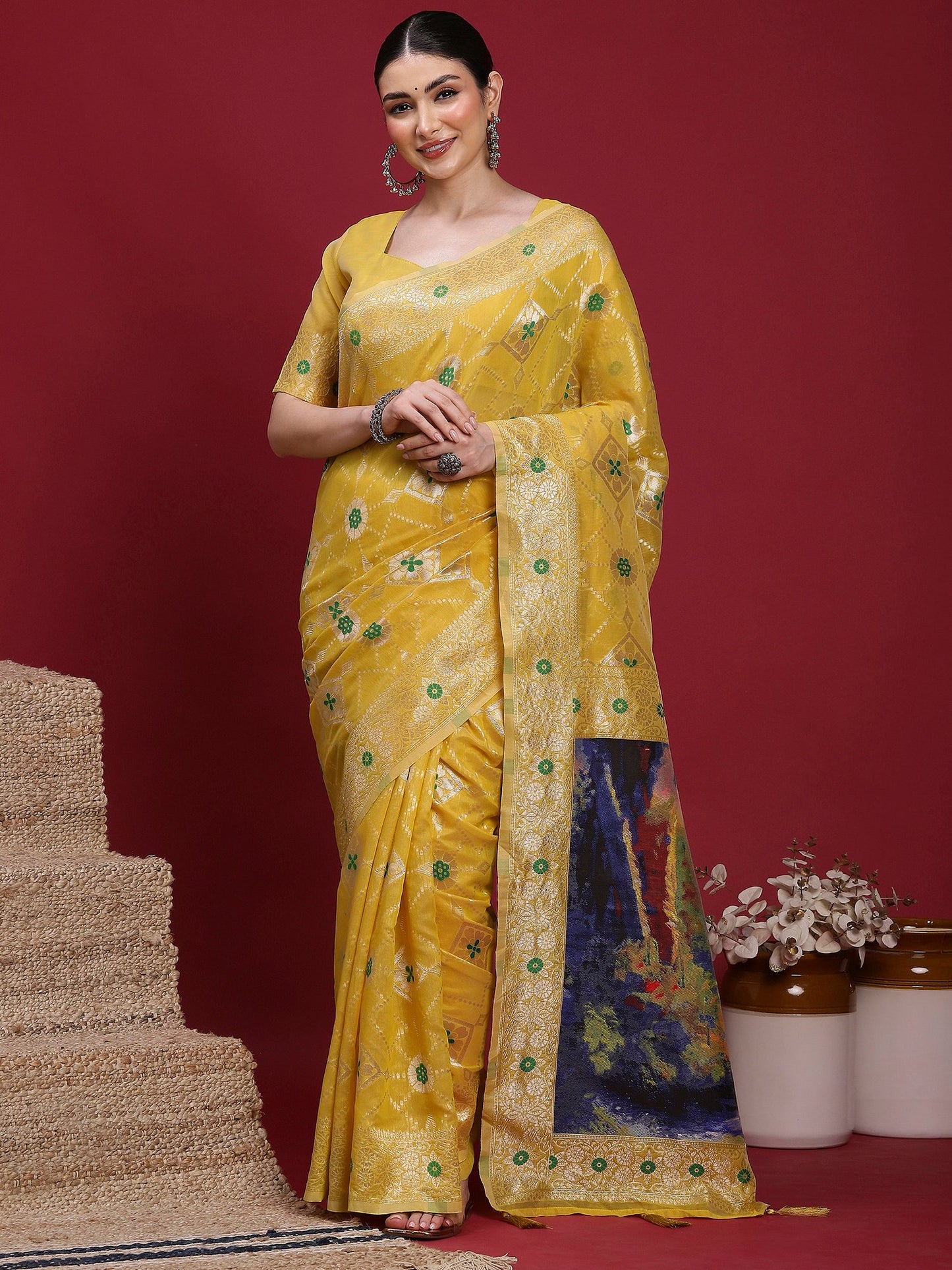 Yellow Yellow Banarasi Organza Woven Saree