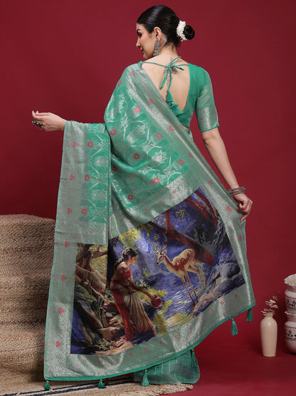 Teal Banarasi Organza Woven Saree