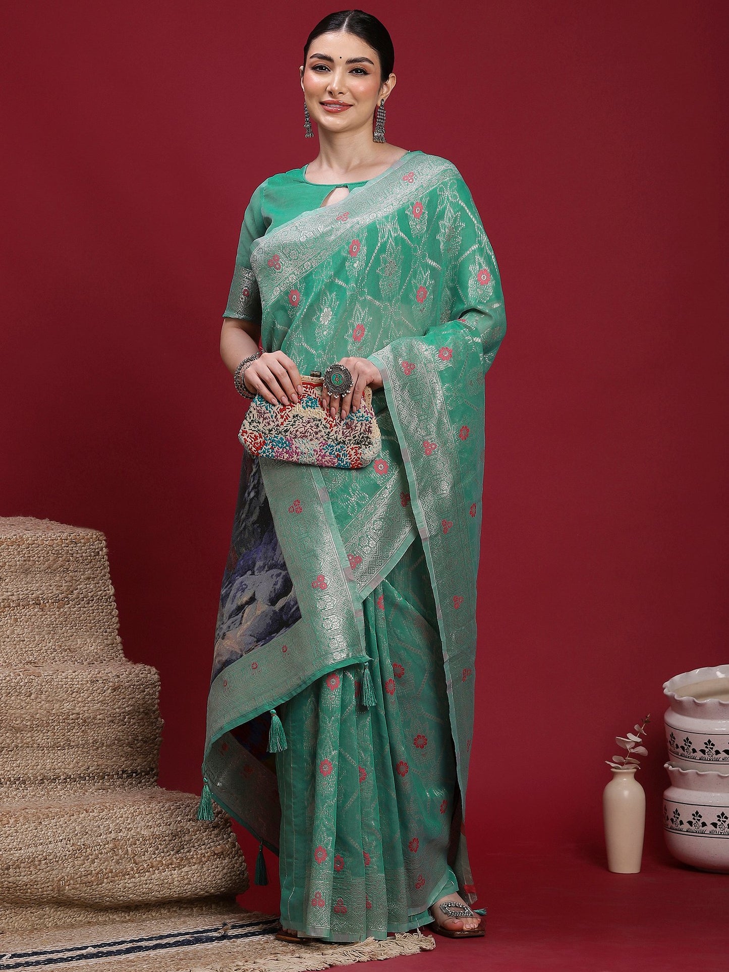 Teal Banarasi Organza Woven Saree