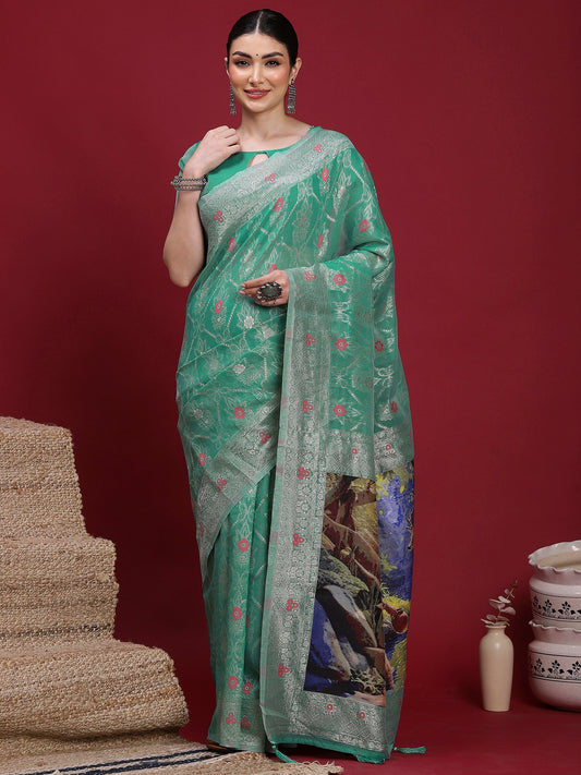 Green Teal Banarasi Organza Woven Saree