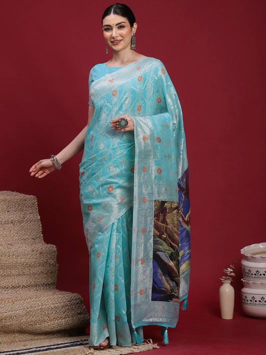 Blue Light Banarasi Organza Woven Saree
