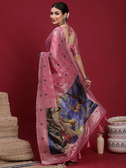 Pink Banarasi Organza Woven Saree