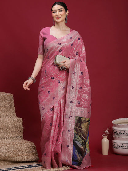 Pink Banarasi Organza Woven Saree