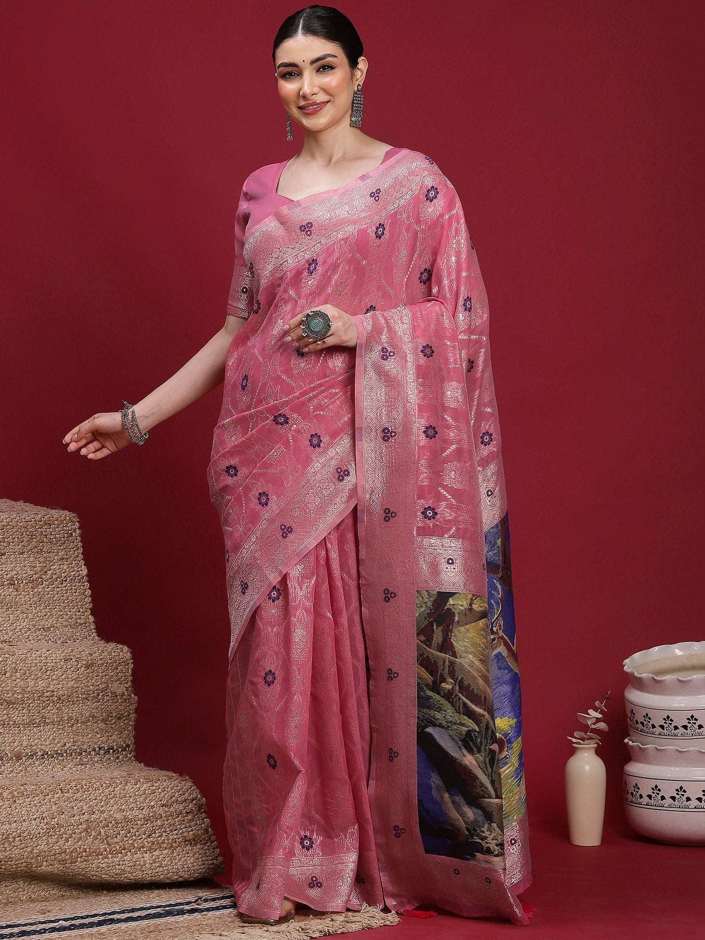 Pink Pink Banarasi Organza Woven Saree