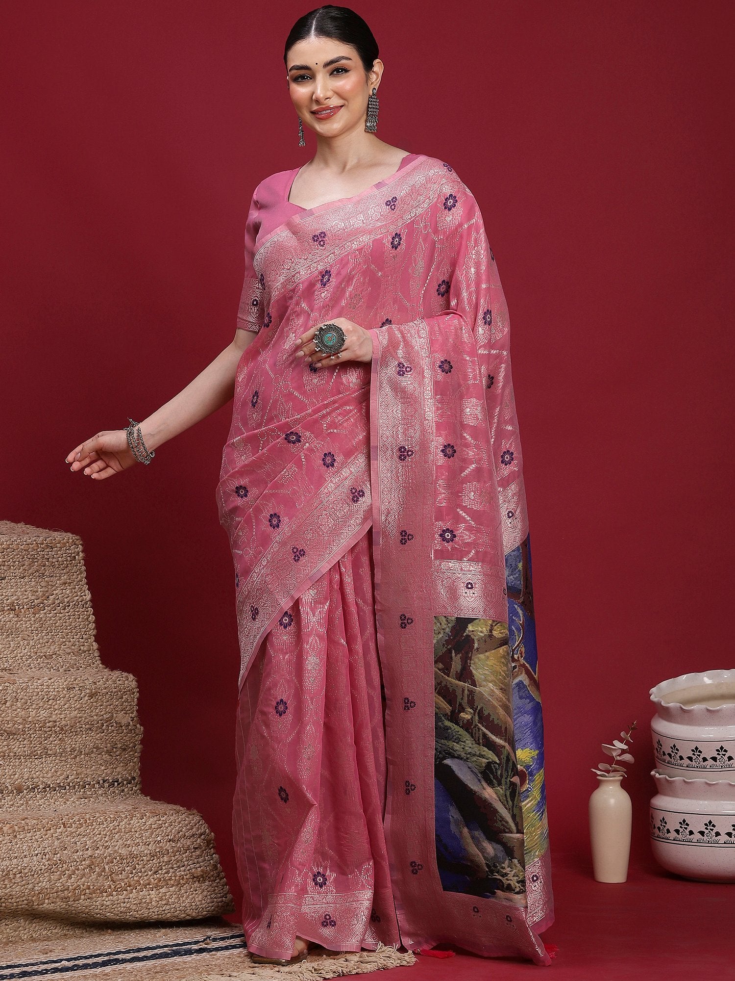 Pink Pink Banarasi Organza Woven Saree