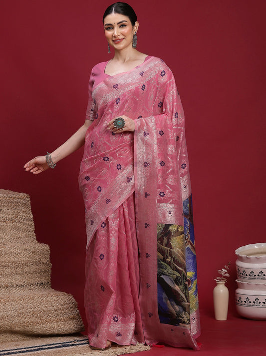 Pink Pink Banarasi Organza Woven Saree