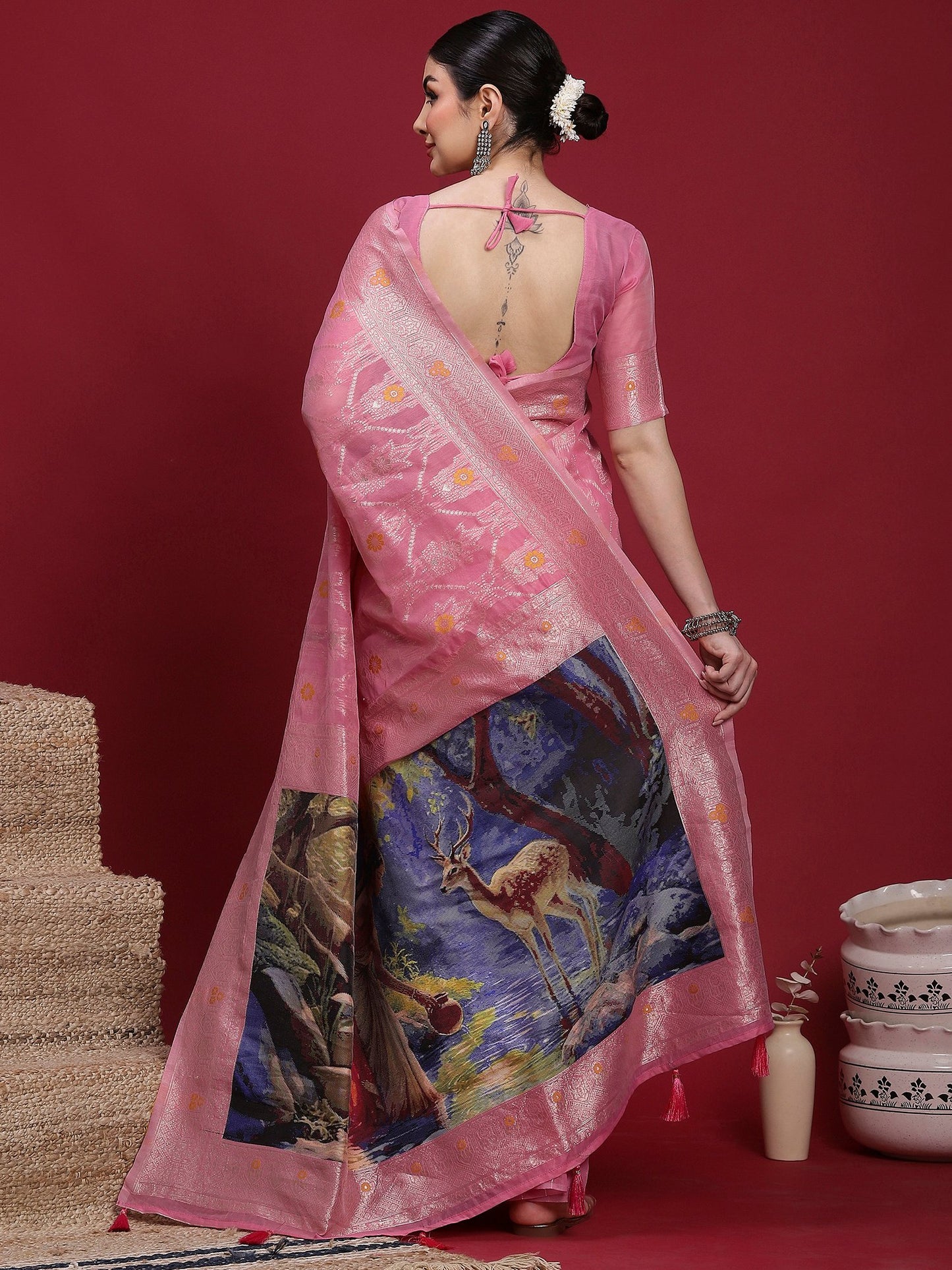 Pink Banarasi Organza Woven Saree