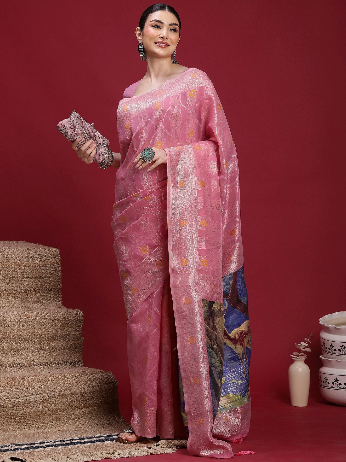 Pink Banarasi Organza Woven Saree