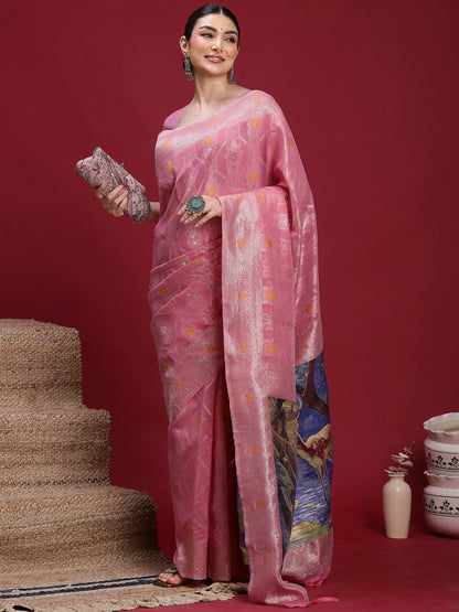 Pink Banarasi Organza Woven Saree