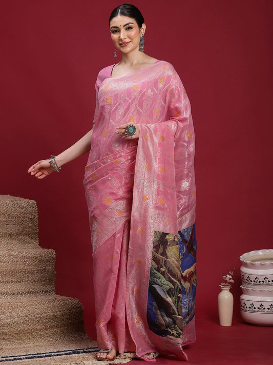 Pink Pink Banarasi Organza Woven Saree