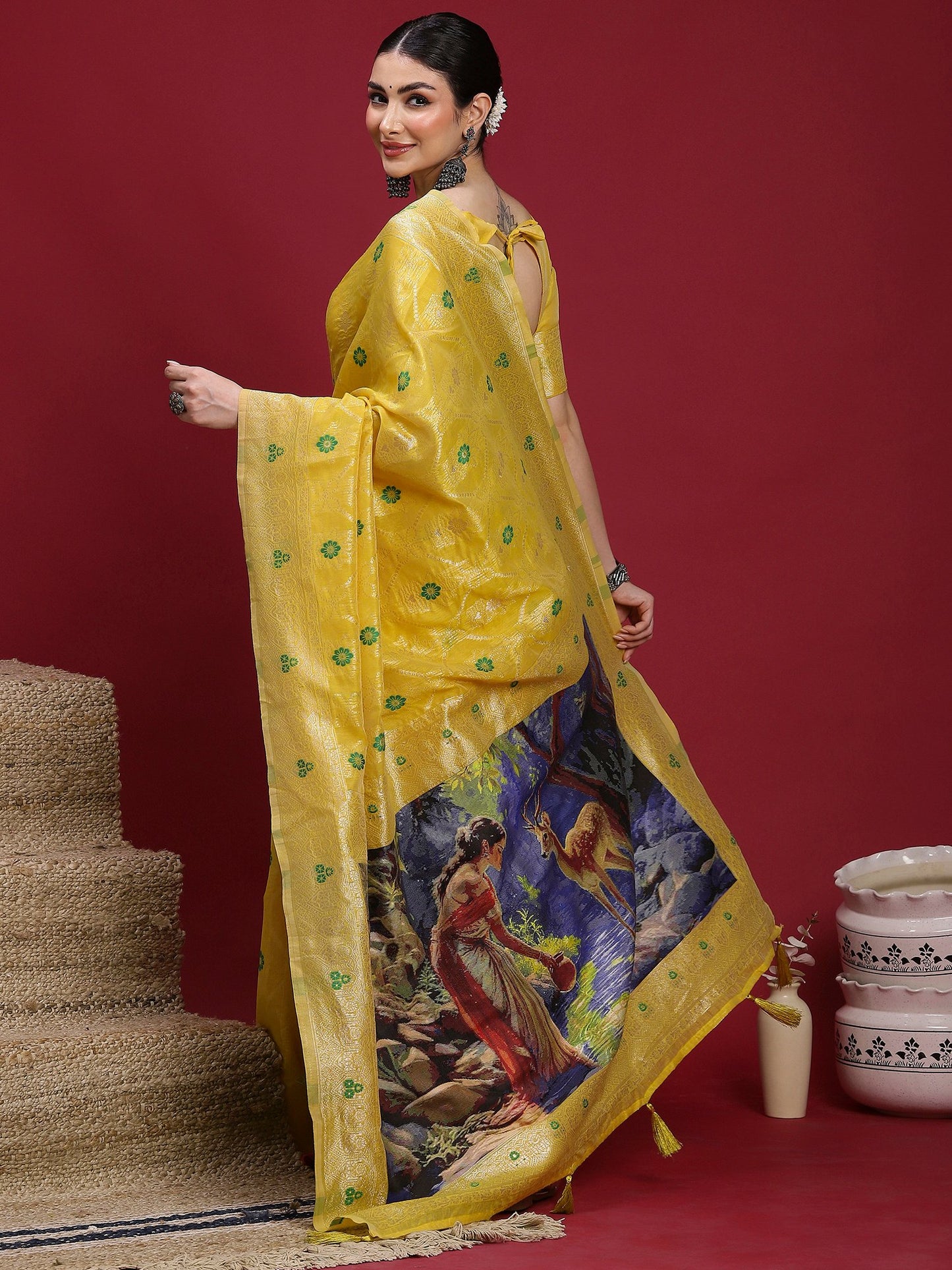 Yellow Banarasi Organza Woven Saree