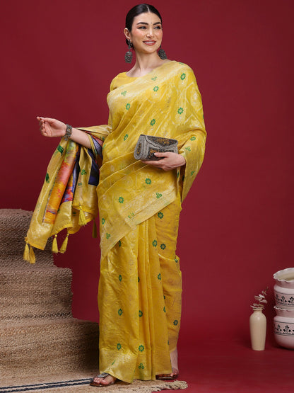 Yellow Banarasi Organza Woven Saree