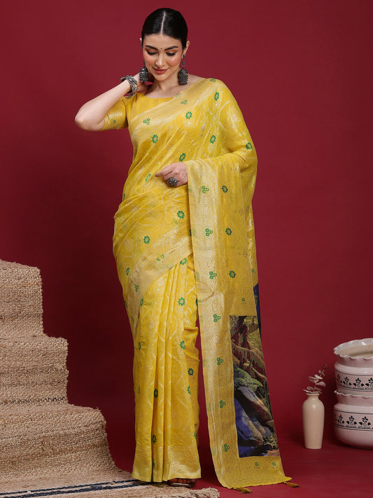 Yellow Yellow Banarasi Organza Woven Saree
