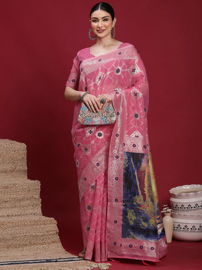 Pink Banarasi Organza Woven Saree
